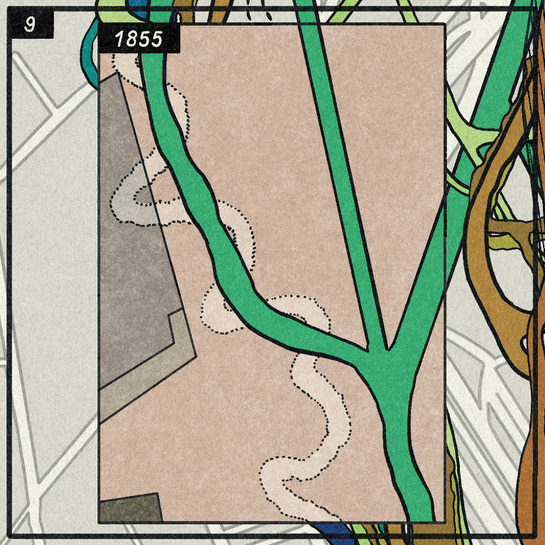 A imagem apresenta um mapa estilizado datado de 1855， com uma área destacada em um retângulo. O mapa contém linhas sinuosas em verde， representando o rio， e áreas em tons de cinza e marrom. Há também um número 039;9039; no canto superior esquerdo e a data 039;1855039; na parte superior do retângulo.