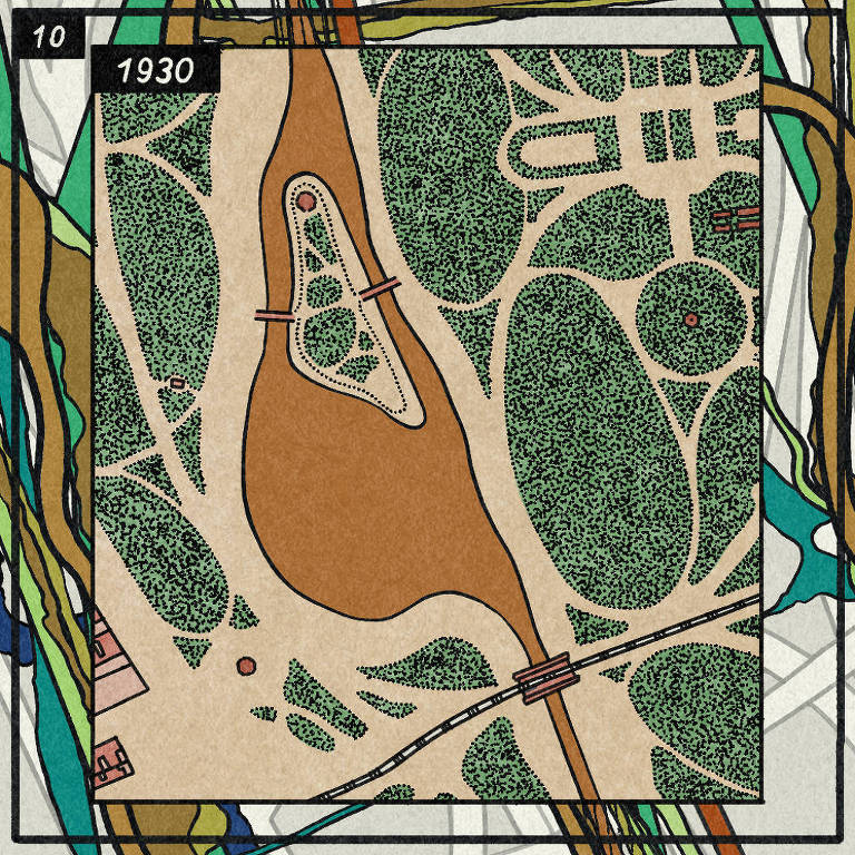 Um mapa estilizado de um parque datado de 1930. O mapa apresenta uma área central em forma de lago， cercada por áreas verdes e caminhos. Detalhes como pequenos círculos e linhas pontilhadas indicam características do terreno. O canto superior esquerdo contém o ano 039;1930039; e o número 039;10039;.