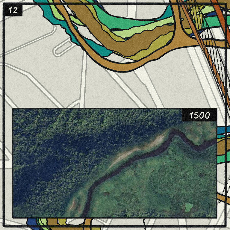 A imagem apresenta um mapa estilizado com linhas coloridas representando diferentes elevações e vegetação. Na parte inferior， há uma imagem em destaque de uma área florestal com um curso d039;água sinuoso. O número 039;12039; está no canto superior esquerdo e 039;1500039; no canto superior direito da imagem em destaque.