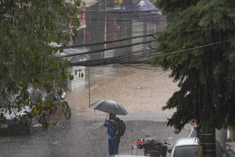 A imagem mostra uma cena de chuva intensa em uma rua urbana. Uma pessoa está de pé， segurando um guarda-chuva， enquanto a água se acumula. Ao fundo， há veículos estacionados e algumas árvores， além de fios elétricos visíveis. 
