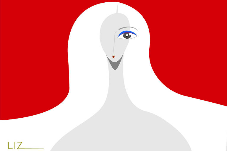 A imagem apresenta um retrato estilizado de uma mulher com cabelo longo e branco， em um fundo vermelho. O rosto é representado de forma simplificada， com um olho azul e um lábio vermelho. A parte inferior do retrato é mais larga， formando um contorno que se assemelha a um pescoço e ombros. Na parte inferior esquerda， está escrito 039;LIZ____039; em letras minúsculas e de cor verde.