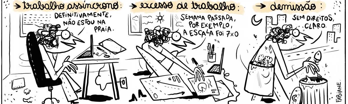 A tira Viver Dói, de Fabiane Langona, publicada em 28/01/25 é composta por um único quadro do quadros horizontal composto por três cenas distintas, cada uma representando diferentes momentos da rotina na vida de um trabalhador informal. No primeiro quadro vemos o personagem sentado em uma cadeira de escritório, trabalhando em um computador. No segundo quadro vemos o personagem em uma posição aparentemente desconfortável, cercado por papéis e trabalhando em dois computadores ao mesmo tempo. No segundo quadro vemos o personagem com uma ecobag com restos de frutas e verduras, revirando uma lata de lixo da rua.  No quadrinho 1, uma legenda narrativa no topo do quadro diz: “Trabalho Assíncrono”, enquanto o personagem comenta logo abaixo: “Definitivamente, não estou na praia.". No quadrinho 2, uma legenda narrativa no topo do quadro diz: “Excesso de Trabalho”, enquanto o personagem comenta logo abaixo: “Semana passada, por exemplo, a escala foi 7x0.". No quadrinho 3, uma legenda narrativa no topo do quadro diz: “Demissão”, enquanto o personagem comenta logo abaixo: “Sem direitos, claro.".