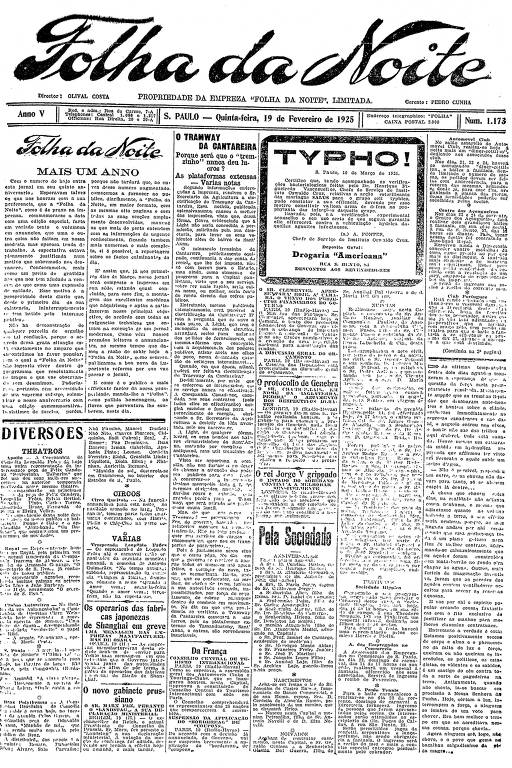 Primeira Página da Folha da Noite de 19 de fevereiro de 1925