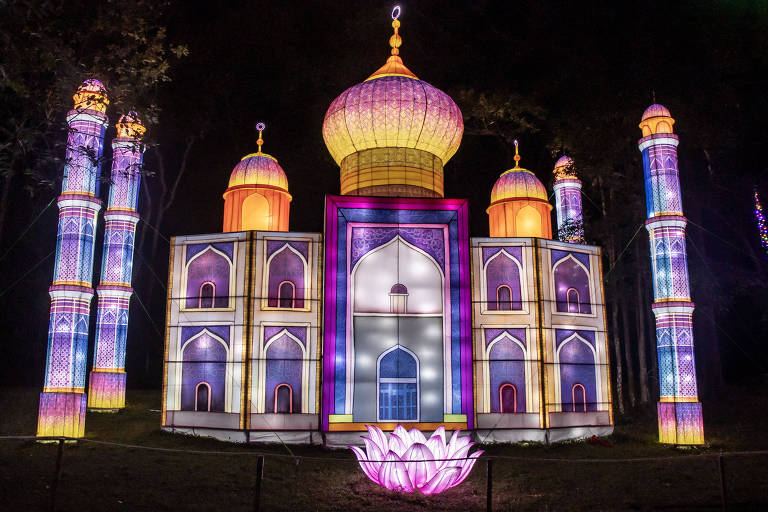 A imagem mostra uma instalação luminosa que representa uma versão estilizada do Taj Mahal, iluminada em várias cores, com cúpulas douradas e torres altas. Na frente, há uma flor de lótus rosa iluminada. O cenário é noturno, com árvores ao fundo.