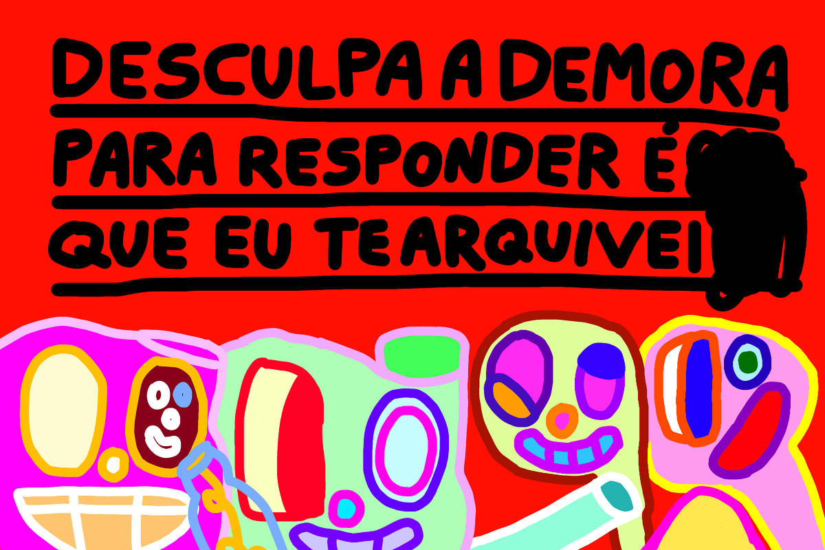 A imagem apresenta um fundo vermelho com texto em letras grandes e pretas que diz: 'DESCULPA A DEMORA PARA RESPONDER É QUE EU TE ARQUIVEI!'. Na parte inferior, há ilustrações coloridas de rostos com expressões variadas, em tons de rosa, verde, amarelo e azul.