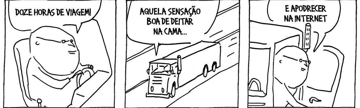 A tira de André Dahmer, publicada em 29.01.2024, tem três quadros. No primeiro, um homem está dirigindo. Ele diz: "Doze horas de viagem!". No segundo quadro um plano aberto revela que o homem está em um caminhão. Ele diz: "Aquela sensação boa de deitar na cama...". No terceiro e último quadro, o homem desembarca do caminhaão e completa o racicínio: "E apodrecer na internet"