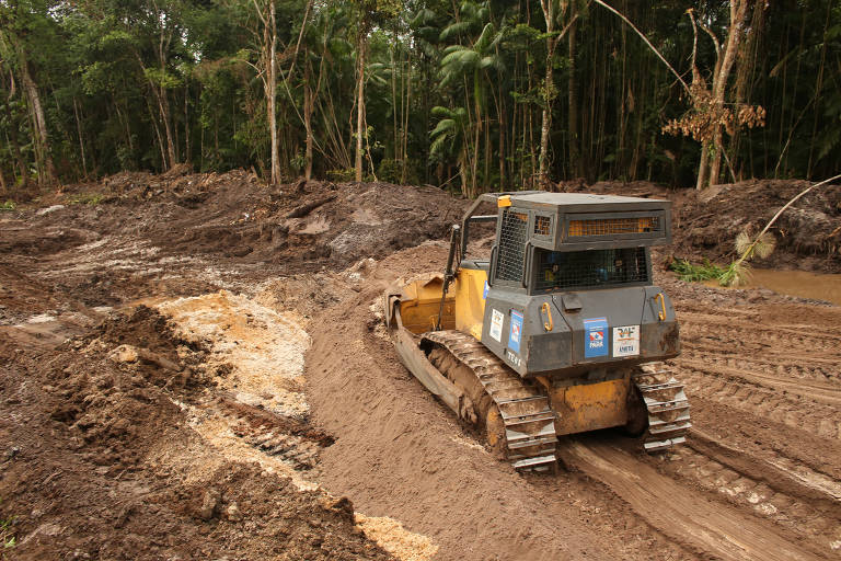 Máquina em terra ao lado de área de floresta