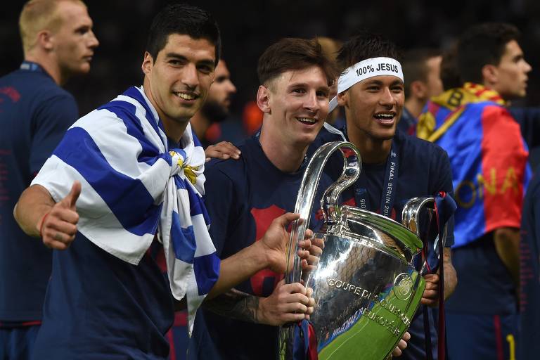 Neymar formou com Suárez e Messi o temido trio de ataque MSN, de grande sucesso no futebol europeu