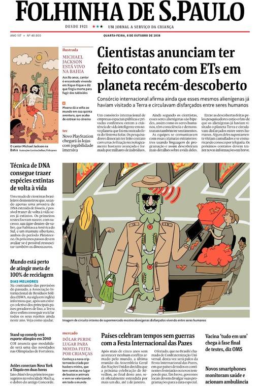 Primeira Página da Folha de 8 de outubro de 2038 imaginada por crianças em 2025