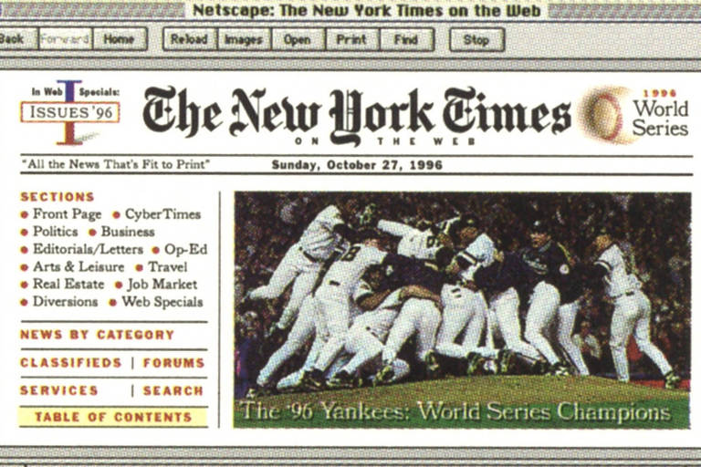 A imagem mostra a capa do jornal The New York Times datada de 31 de outubro de 1996. O título principal destaca 039;Yankees: World Series Champions039;. Abaixo do título， há uma foto de jogadores de beisebol comemorando， com alguns pulando e outros se abraçando. No lado esquerdo， há uma lista de seções do jornal， incluindo 039;Front Page039;， 039;Sports039;， e 039;Editorials039;.