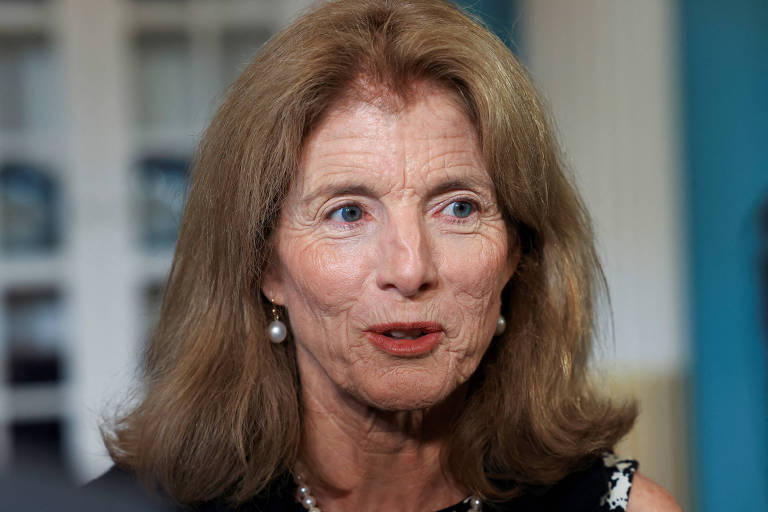 Caroline Kennedy é uma mulher branca de olhos azuis. Tem a pele enrugada em função da idade avançada (tem 67 anos). Seus cabelos têm um tom de castanho， porém com aspecto grisalho. Aparece na fotografia olhando para frente， como se estivesse conversando com alguém. A imagem enquadra apenas seu rosto.