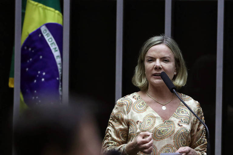 Uma mulher em pé， falando ao microfone， em uma sessão da Câmara dos Deputados do Brasil. Ela usa uma blusa de cor clara com detalhes em dourado. Ao fundo， há uma bandeira do Brasil e várias pessoas em pé， algumas delas parcialmente visíveis.