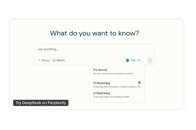 Página inicial da Perplexity para busca profunda， oferecendo DeepSeek e OpenAi como alternativas， em 29 de janeiro de 2025