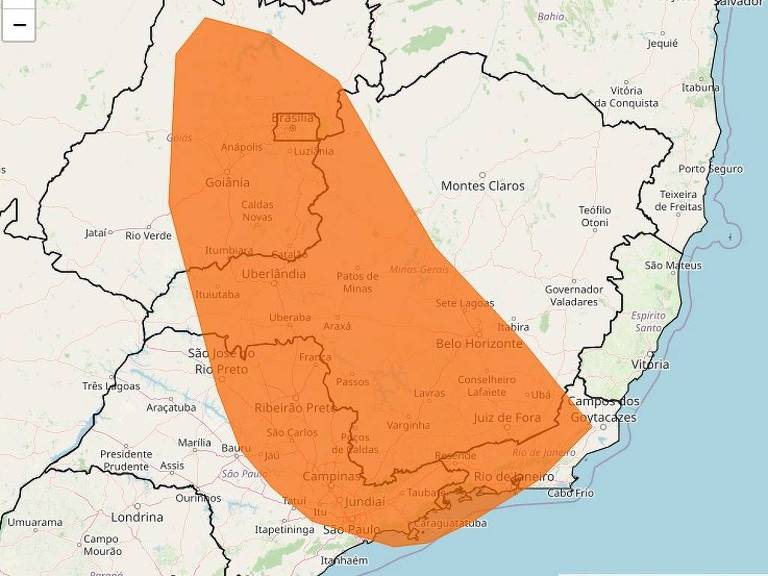 O mapa mostra uma área geográfica destacada em laranja， que se estende por várias regiões. O fundo do mapa é uma representação de um território com contornos de cidades e estradas， e a área laranja cobre uma parte central e sul do mapa.