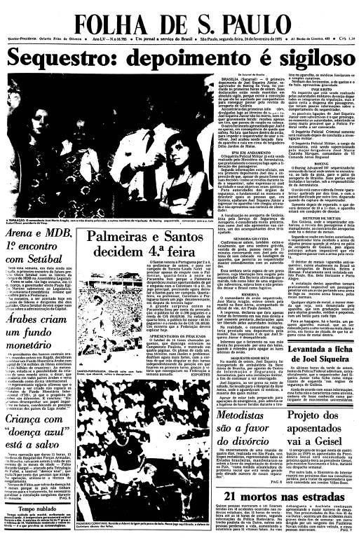 Primeira Página da Folha de 24 de fevereiro de 1975