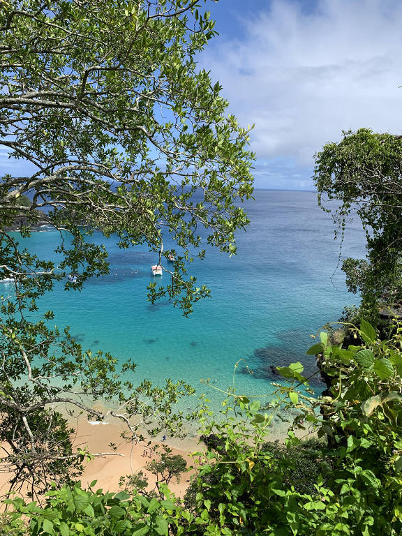 Águas cristalinas da praia do Sancho vistas a partir da trilha da baía dos Golfinhos， em Fernando de Noronha