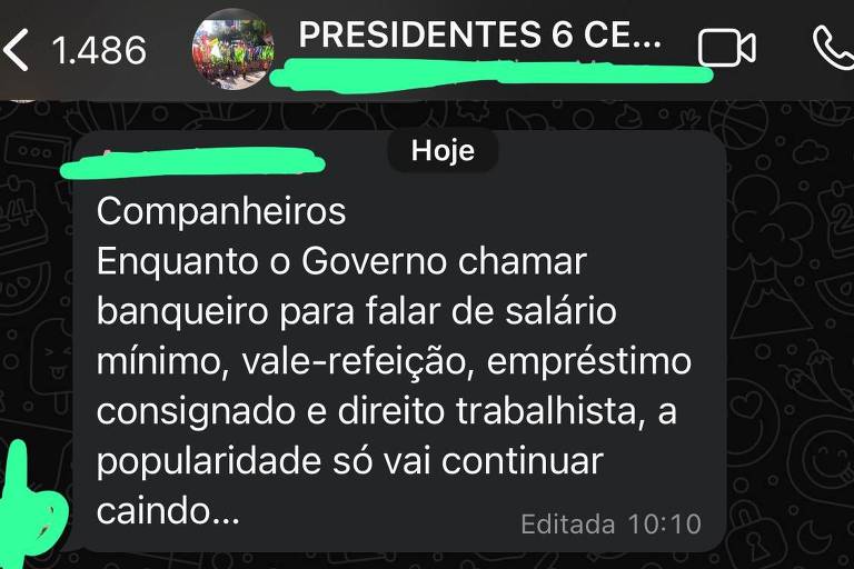 A imagem mostra uma mensagem de WhatsApp com um texto que discute a situação do governo em relação a temas como salário mínimo， vale-refeição， empréstimos consignados e direitos trabalhistas. A mensagem sugere que a popularidade do governo continuará a cair enquanto essas questões não forem abordadas adequadamente.
