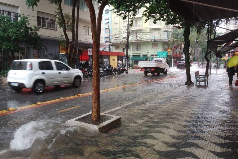 A imagem mostra uma rua urbana durante uma forte chuva. A calçada está alagada， com água acumulada， e alguns carros estão passando pela rua， que também apresenta acúmulo de água. Há árvores ao longo da calçada e um banco visível. Ao fundo， há prédios e uma sinalização de trânsito. Algumas pessoas estão caminhando， algumas com guarda-chuvas.