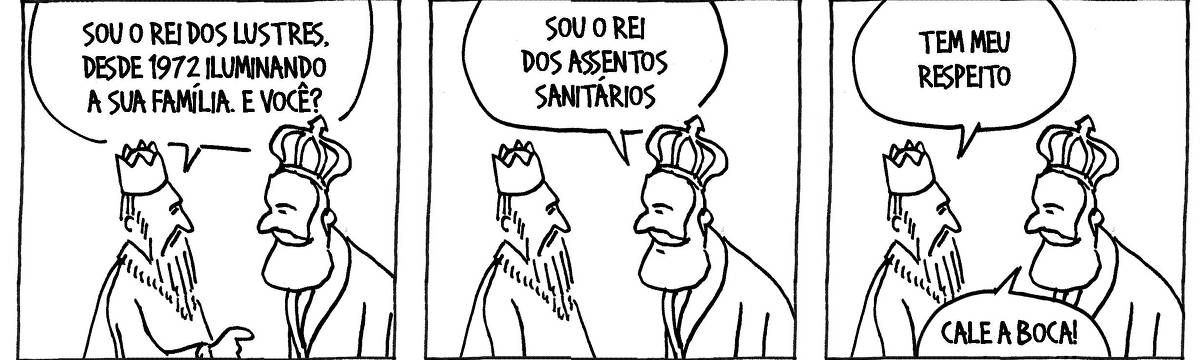 A tira de André Dahmer, publicada em 31.01.2024, tem três quadros. No primeiro, dois reis estão conversando. Um deles fala: "Sou o rei dos lustres, desde 1972 iluminando a sua família. E você?". No segundo quadrinho, o outro rei responde: "Sou o rei dos assentos sanitários". No terceiro e último quadro, O primeiro rei diz: "Tem meu respeito", ao passo que o outro rei, irritado, responde: "Cale a boca!"