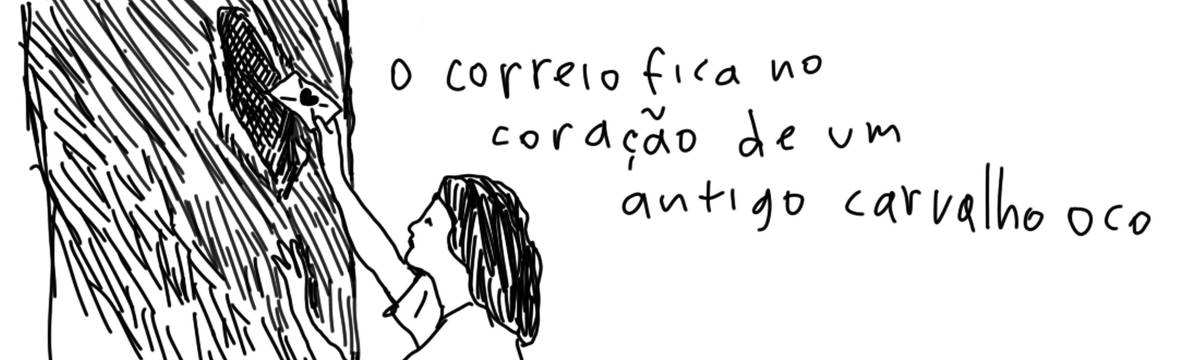 A tirinha em preto e branco de Estela May, publicada em 31/01/25, traz uma moça colocando uma carta dentro de uma árvore. Ao lado da imagem, “o correio fica no coração de um antigo carvalho oco”.