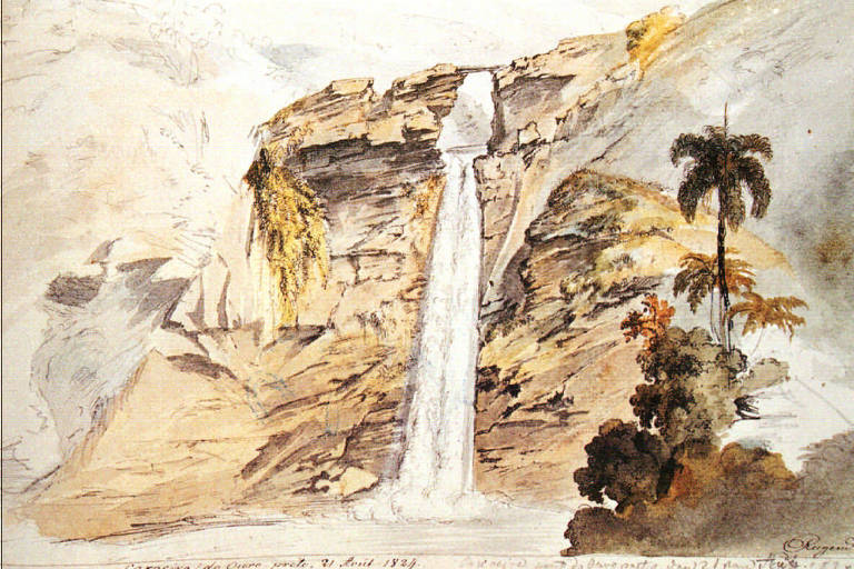 A imagem apresenta uma cascata que desce por uma rocha em um ambiente natural. A água flui em direção a uma base rochosa, cercada por vegetação, incluindo palmeiras e arbustos. O céu é claro, e a cena é ilustrada em um estilo aquarelado, com tons suaves e detalhes que destacam a textura das rochas e a vegetação ao redor.