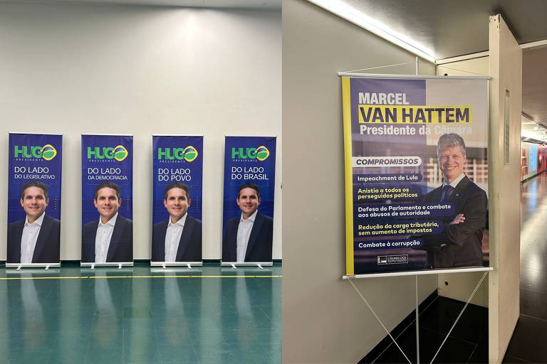 à esquerda， cartazes de hugo motta. à direita， um cartaz de marcel van hattem