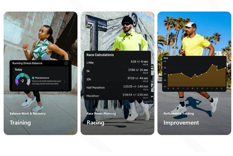 A imagem apresenta uma interface de aplicativo de corrida com quatro seções. A primeira seção， 039;Treinamento039;， mostra uma mulher correndo e um gráfico de 039;Equilíbrio de Estresse de Corrida039; com um valor de -2， indicando manutenção. A segunda seção， 039;Corrida039;， exibe cálculos de tempo para diferentes distâncias de corrida， como 1 milha， 5k， 10k， meia maratona e maratona. A terceira seção， 039;Melhoria039;， apresenta um gráfico de rastreamento de desempenho. A quarta seção， 039;Planejar039;， indica a potência máxima para uma corrida de 5k programada para 22 de setembro de 2024.