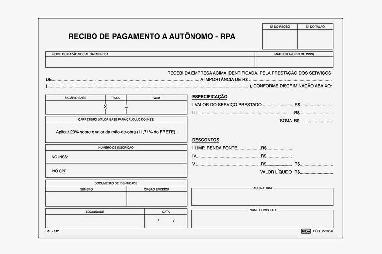 A imagem mostra um formulário de recibo de pagamento a autônomo. O cabeçalho contém o título 039;RECIBO DE PAGAMENTO A AUTÔNOMO - RPA039;. O formulário possui campos para preenchimento， incluindo informações como nome， CPF， endereço， descrição do serviço， valor e data. Há também espaços para assinatura e identificação do pagador e do prestador de serviço.