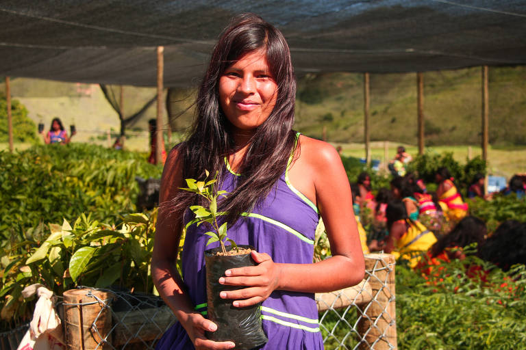 Mulher segura muda de planta