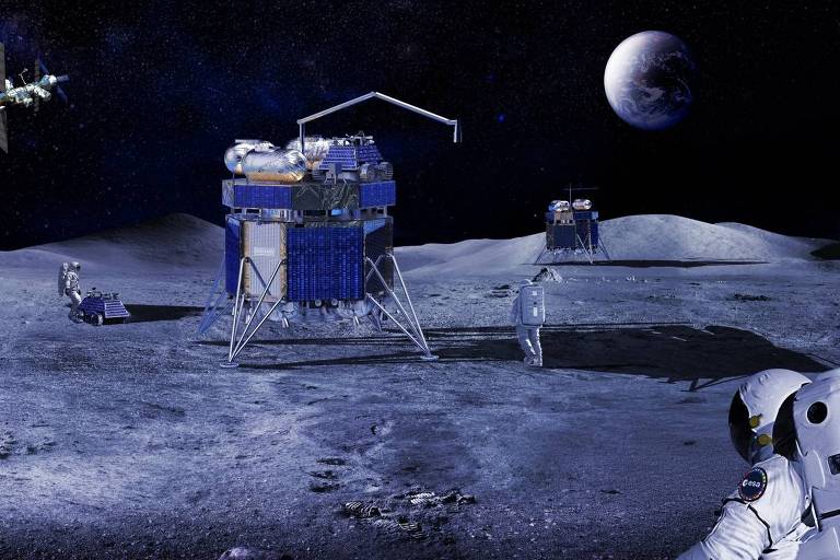 A imagem mostra uma cena lunar com um módulo de pouso em primeiro plano， um astronauta à direita e um veículo espacial no fundo. O céu é escuro， com estrelas visíveis e um planeta distante. O solo lunar é acinzentado e irregular， com crateras e rochas.