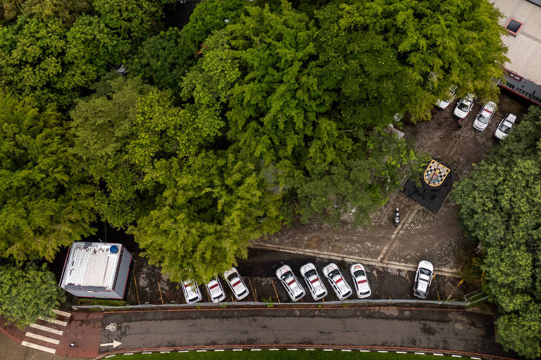 Imagem aérea de um estacionamento cercado por árvores. Vários carros brancos estão alinhados em uma área pavimentada， enquanto uma densa vegetação verde cobre a maior parte da imagem. No canto inferior esquerdo， há uma estrutura pequena e branca