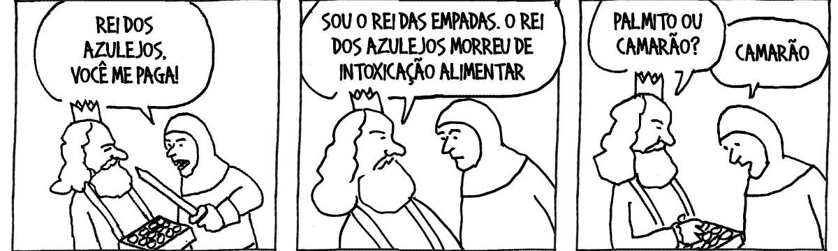 A tira de André Dahmer, publicada em 01.02.2024, tem três quadros. No primeiro, um cavaleiro ameaça um rei com uma espada. Ele diz: "Rei dos Azulejos, você me paga!". No segundo quadro, o rei diz: "Sou o rei das empadas. O rei dos azulejos morreu de intoxicação alimentar". No terceiro quadro, o rei oferece uma empada para o cavaleiros: "Palmito ou camarão?". O cavaleiro responde: "Camarão".