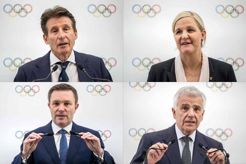 (COMBO) This combination of pictures created on January 30, 2025 shows candidates for the presidency of the International Olympic Committee (IOC) (FROM TOP L) Sebastian Coe, Kirsty Coventry, Johan Eliasch, Prince Feisal al-Hussein of Jordan, David Lappartient, Juan Antonio Samaranch Junior and Morinari Watanabe speaking during a press conference following a presentation before fellow IOC members, in Lausanne on January 30, 2025. Seven candidates are competing in the elections for the IOC presidency at the 143rd IOC Session, to be held in Greece from March 18 to 21, 2025. (Photo by FABRICE COFFRINI and FRANCK FIFE / AFP)