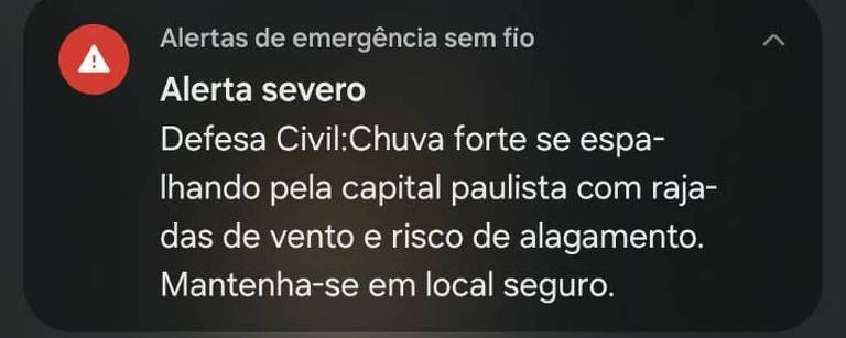 Alerta enviado pela Defesa Civil para os moradores da capital paulista avisando da previsão de temporal na tarde desta sexta-feira (24)