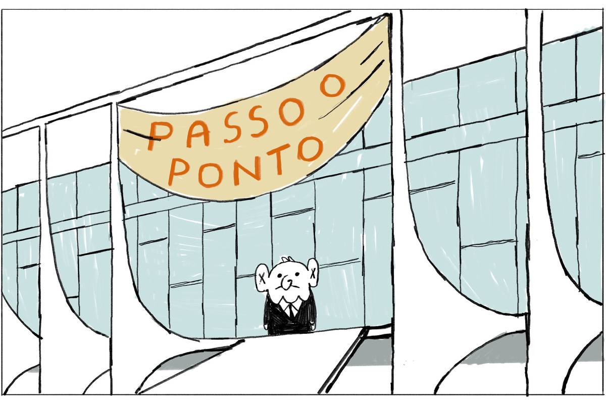 A imagem mostra a fachada do palácio do planalto, prostrado sob a rampa de acesso do prédio, está o presidente Lula com olhar vago. Acima dele, uma faixa corre com os seguintes dizeres “Passo o ponto”