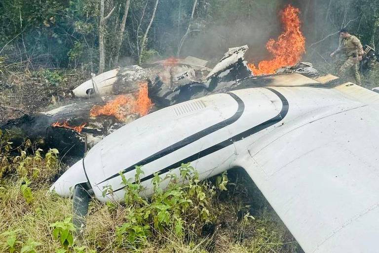 A imagem mostra um avião acidentado em uma área de floresta， com chamas e fumaça saindo da fuselagem. O avião está parcialmente queimado， e há um homem em uniforme militar próximo ao local do incêndio. A vegetação ao redor é densa， com plantas verdes e algumas folhas secas no chão.