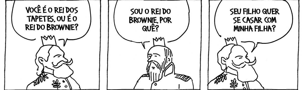 A tira de André Dahmer, publicada em 04.02.2024, tem três quadros. No primeiro, um rei pergunta para outro, que está fora do quadro: "Você é o rei dos tapetes, ou é o rei do brownie?". No segundo quadrinho, o outro rei responde: "Sou o rei do brownie, por quê?". No terceiro e último quadrinho, o primeiro rei responde: "Seu filho quer se casar com minha filha?".