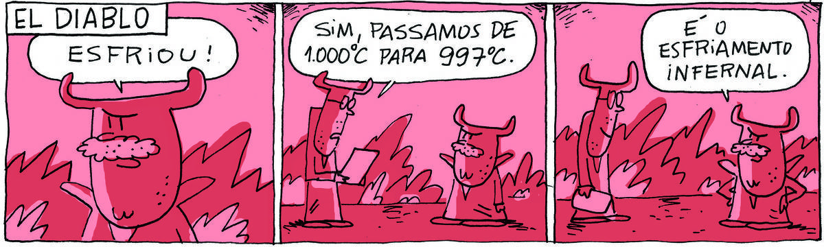 A tirinha El Diablo, publicada em 03/02/24, traz El Diablo, um diabo bigodudo e atarracado com seu assistente, um demônio alto de óculos. Estão em um inferno em chamas. No quadrinho 1, El Diablo diz: Esfriou! No quadrinho 2, o assistente responde: Sim, passamos de 1.000ºC para 997ºC. No quadrinho 3, El Diablo conclui: É o esfriamento infernal.