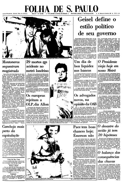 Primeira Página da Folha de 1º de março de 1975