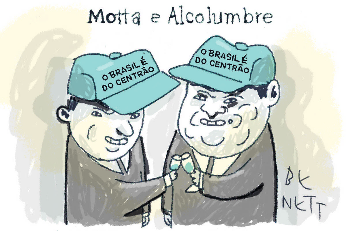 A charge de hoje publicada pela Folha em todas as suas plataformas é de Benett (@cartunistabenett). O título da charge é "Motta e Alcolumbre". Ela mostra o desenho de duas figuras proeminentes da política brasileira, que estão há anos incrustadas no poder público, Hugo Motta e David Alcolumbre. Eles estão comemorando suas respectivas eleições para a presidência da Câmara e do Senado. Em suas mãos duas taças de champanhe, muito provavelmente tão caras que o leitor ou o autor do desenho não teriam capacidade de comprar nem em cinco anos de trabalho. Na cabeça da dupla, bonés azuis, que fazem alusão à brilhante ideia de Alexandre Padilha - que usava um boné semelhante escrito "O Brasil é dos brasileiros". No caso dos dois caciques da política a inscrição no boné diz: O Brasil é do Centrão.