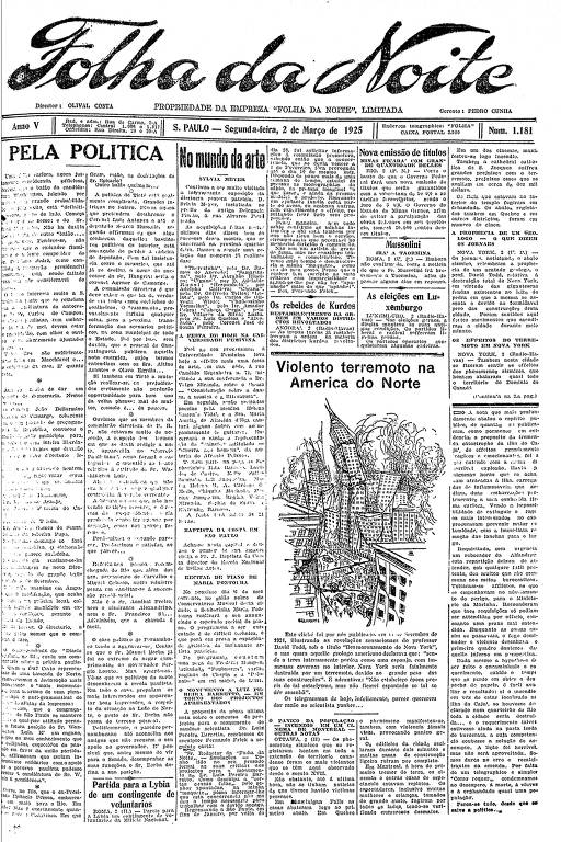 Primeira Página da Folha da Noite de 2 de março de 1925