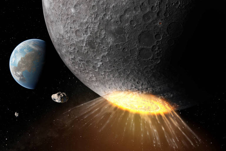 A imagem mostra um cenário espacial com um planeta semelhante à Terra à esquerda， um asteroide pequeno próximo e um grande corpo celeste， possivelmente uma lua ou um planeta， à direita， que está sendo atingido por um impacto que gera uma explosão luminosa na superfície. O fundo é escuro， representando o espaço.
