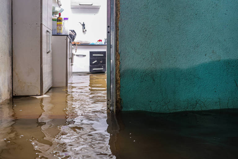 A imagem mostra um ambiente interno， possivelmente uma cozinha， com água acumulada no chão. A água reflete a luz e parece estar a uma altura considerável. Ao fundo， é possível ver um fogão e outros utensílios de cozinha. As paredes são de um tom verde e há uma porta à esquerda.