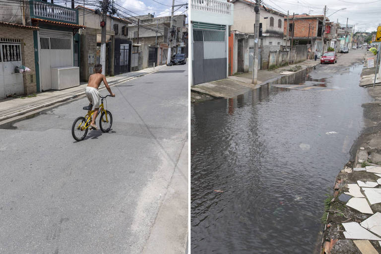 A imagem é dividida em duas partes. À esquerda， um ciclista pedala em uma rua pavimentada， cercada por casas e com céu parcialmente nublado. À direita， uma rua alagada com água acumulada， refletindo as casas ao redor e com alguns detritos flutuando. O ambiente urbano é visível em ambas as partes.