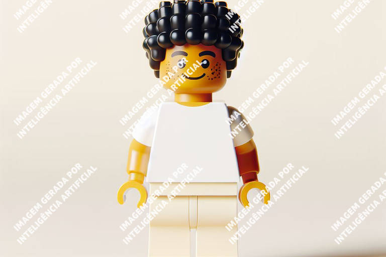 A imagem mostra um boneco de Lego com cabelo cacheado e preto. Ele está usando uma camiseta branca e calças brancas. O boneco tem um sorriso e sardas no rosto, com uma expressão amigável. O fundo é de cor clara, destacando o boneco.