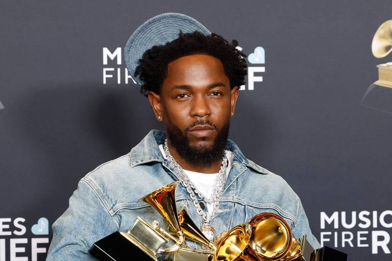 O rapper Kendrick Lamar durante o Grammy 2025， em Los Angeles， nos Estados Unidos