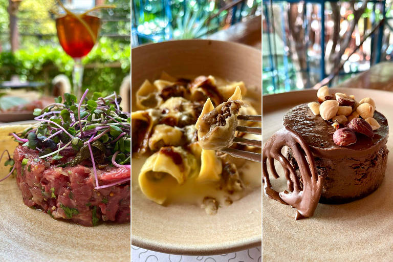 A foto mostra três pratos do restaurante Bosco: um prato com carne picada enformada e coberta com brotos; a segunda foto mostra um prato com massa recheada com carne desfiada; a terceira foto mostra uma torta d chocolate de formato circular， coberta com avelãs