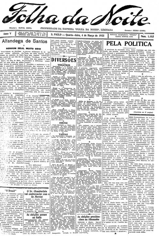 Primeira Página da Folha da Noite de 4 de março de 1925