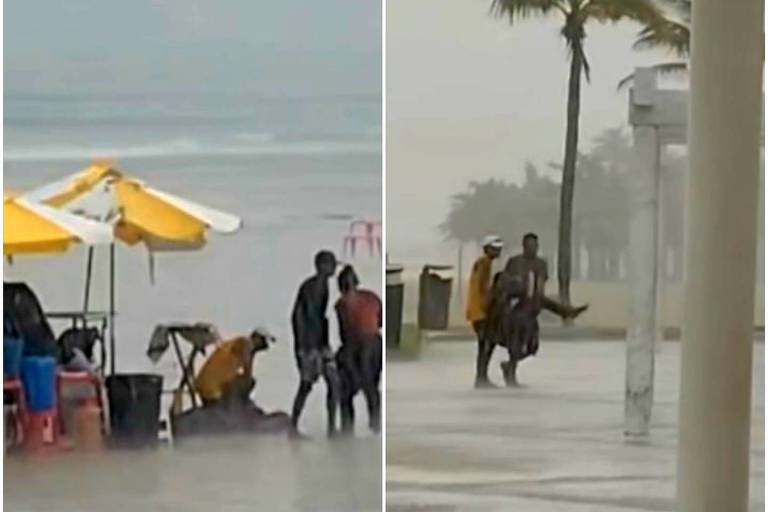 A imagem é dividida em duas partes. À esquerda， há uma praia com pessoas se abrigando sob guarda-sóis amarelos， enquanto à direita， a cena mostra uma calçada molhada com pessoas caminhando sob a chuva， e palmeiras ao fundo. O clima parece nublado e chuvoso em ambas as partes.