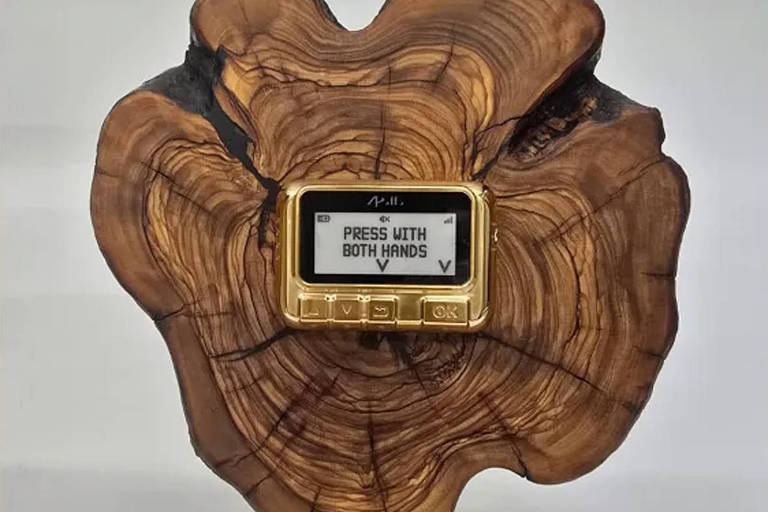 Algo como um troféu feito de madeira com uma base preta. A parte superior do troféu tem um design orgânico， imitando a forma de um tronco de árvore. No centro， há um pager dourado com texto